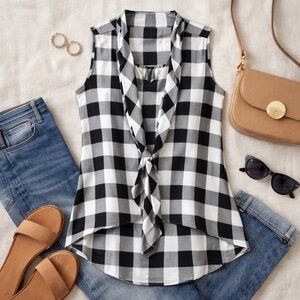 NWOT Alfani Womens Black White Gray Check Tie Bow Sleeveless Blouse 2P 2 Petite